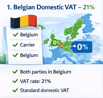 Kaart van België met transportroutes waarop 21 procent binnenlandse btw wordt toegepast op ExusTrans-facturen